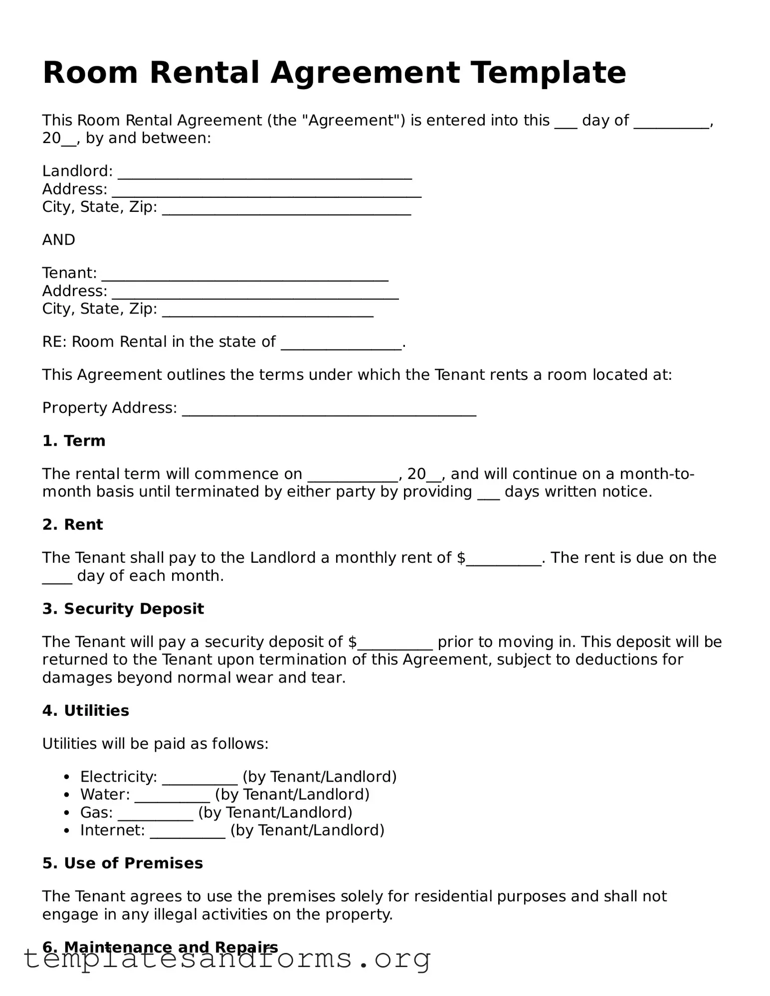 Blank Room Rental Agreement Document