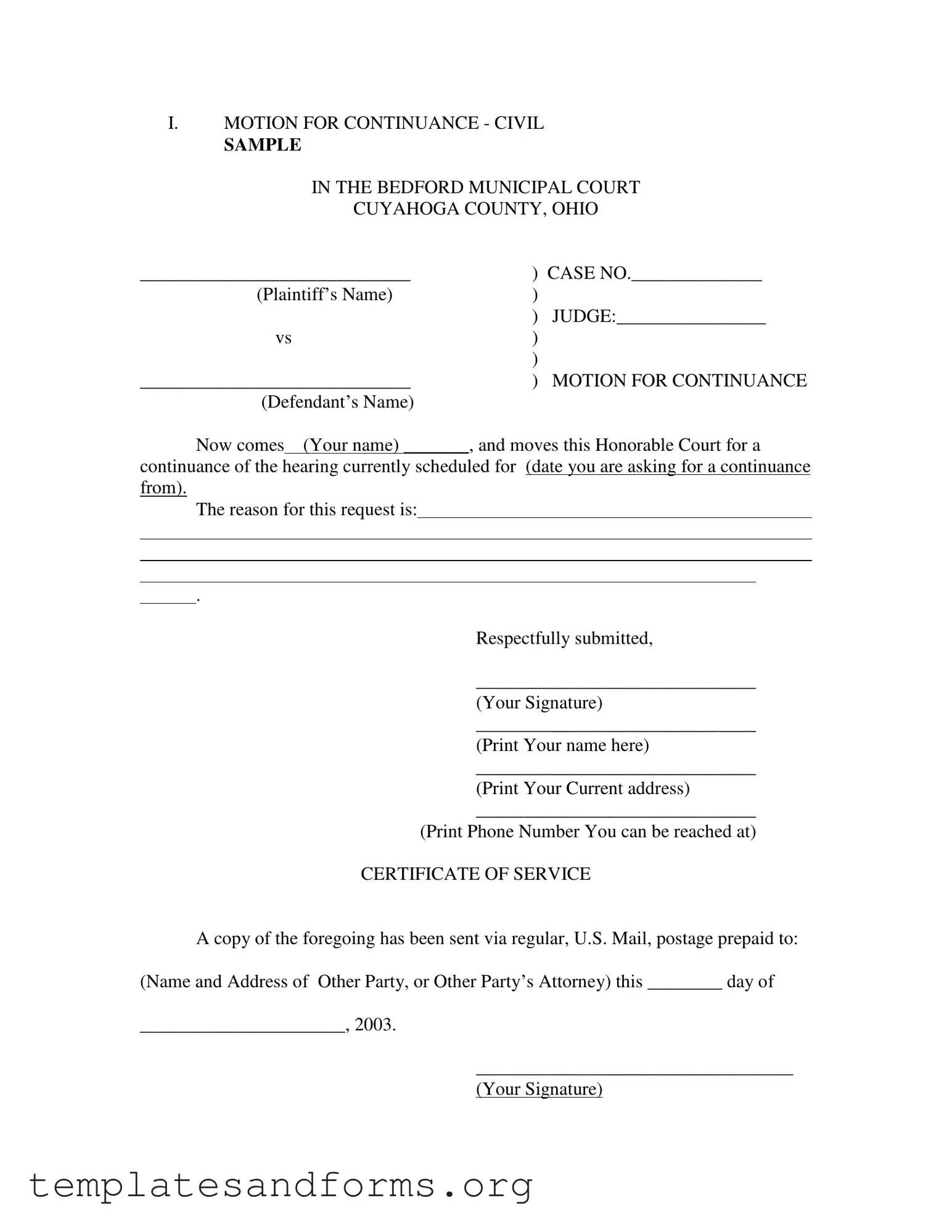 Fill in a Valid Motion For Continuance Form