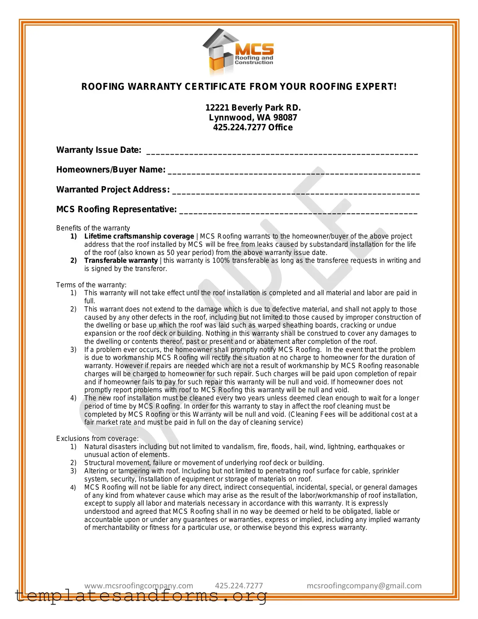 Fill in a Valid Roofing Warranty Certificate Form