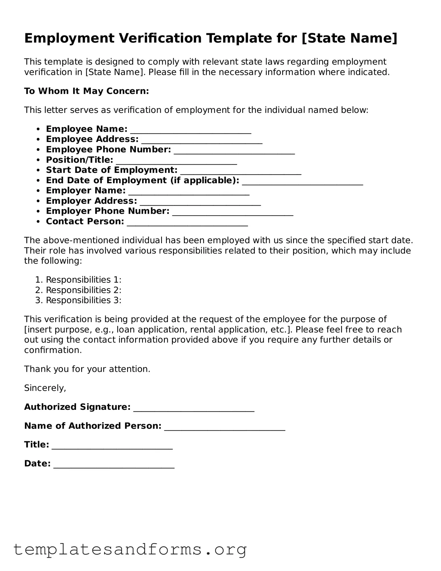 Blank Employment Verification Document