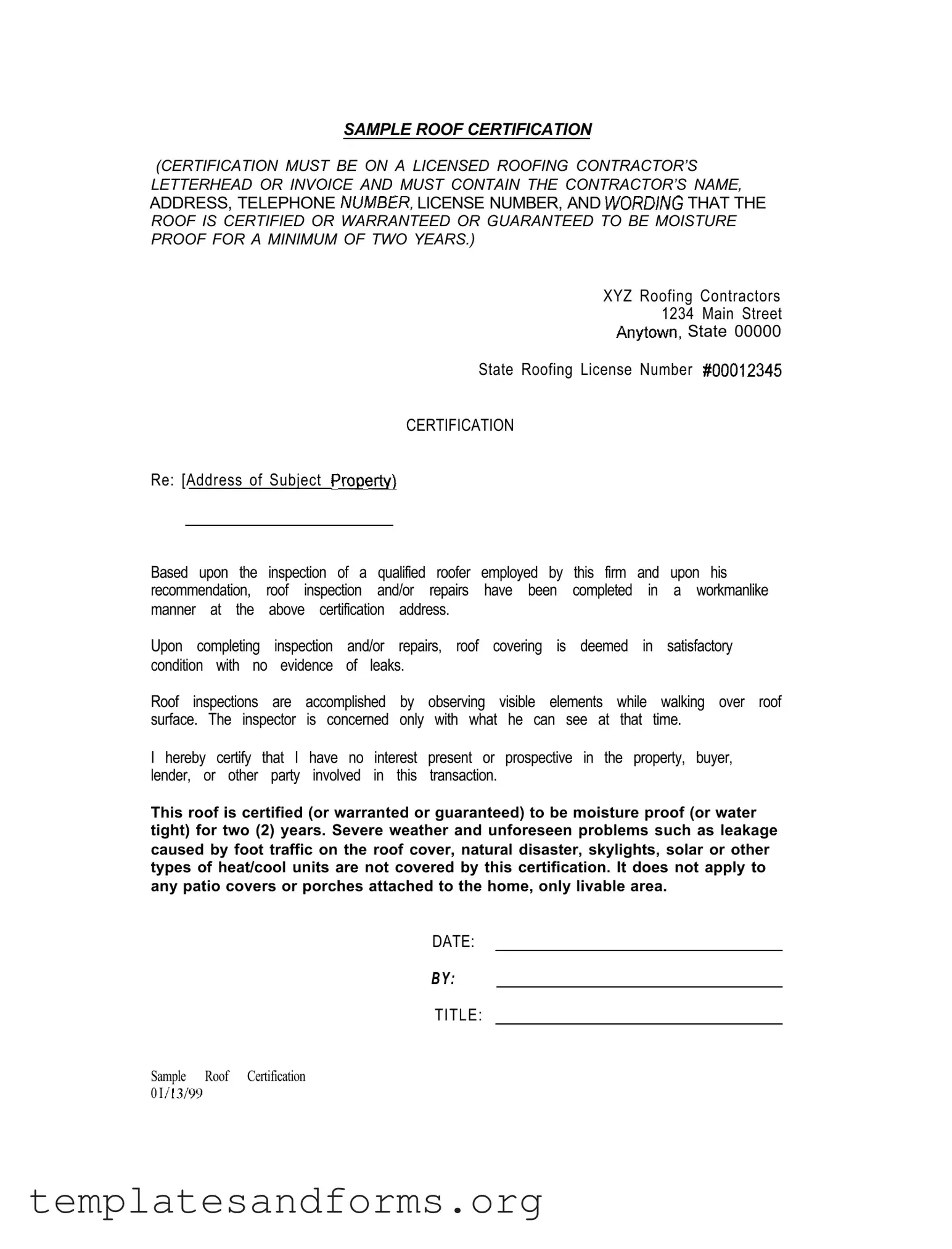 Fill in a Valid Sample Roof Certification Form