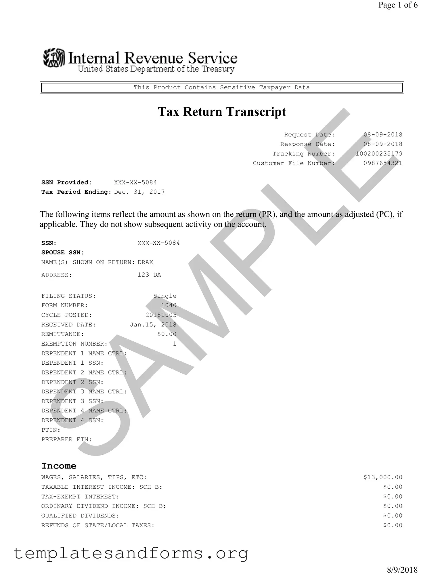 Fill in a Valid Sample Tax Return Transcript Form