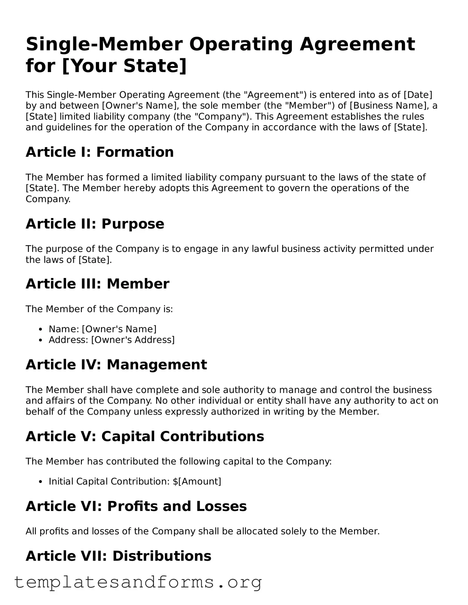 Blank Single-Member Operating Agreement Document