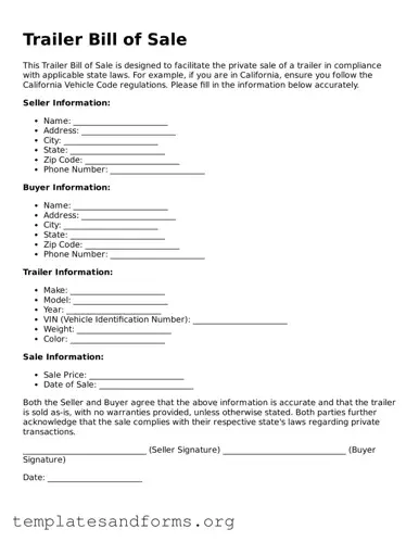 Blank Trailer Bill of Sale Document