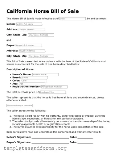 Free Horse Bill of Sale Form for the State of California