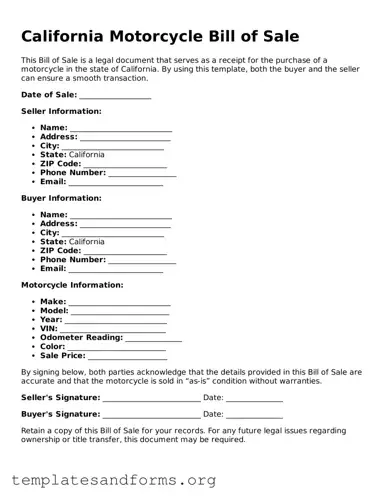Free Motorcycle Bill of Sale Form for the State of California