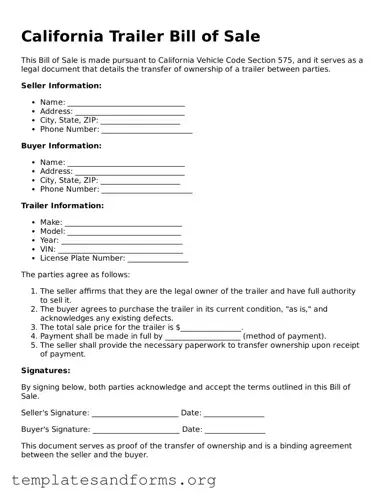 Free Trailer Bill of Sale Form for the State of California