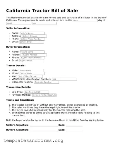 Free Tractor Bill of Sale Form for the State of California