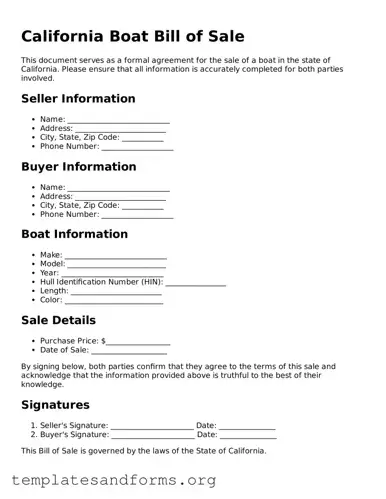 Free Boat Bill of Sale Form for the State of California