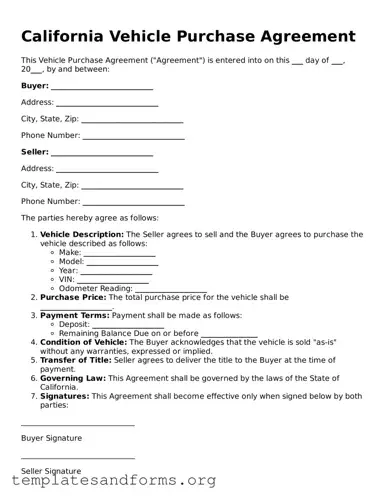 Free Vehicle Purchase Agreement Form for the State of California