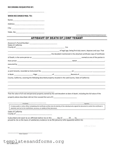 Fill in a Valid California Death of a Joint Tenant Affidavit Form