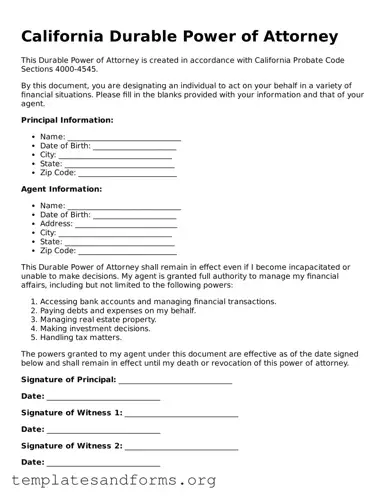 Free Durable Power of Attorney Form for the State of California