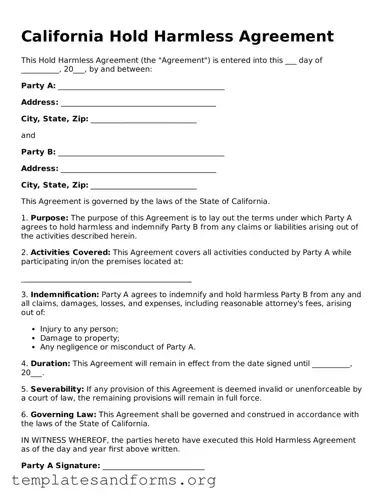 Free Hold Harmless Agreement Form for the State of California