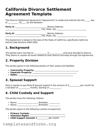 Free Divorce Settlement Agreement Form for the State of California