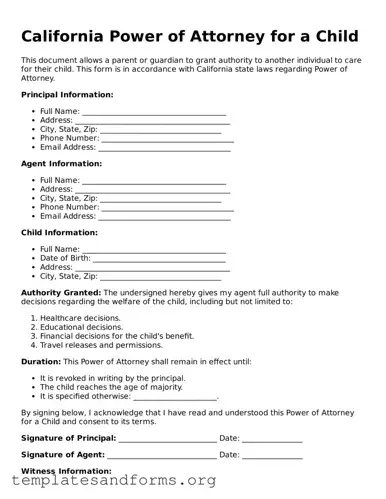 Free Power of Attorney for a Child Form for the State of California