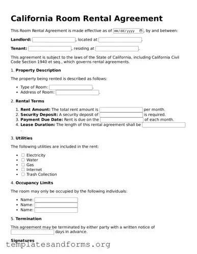Free Room Rental Agreement Form for the State of California