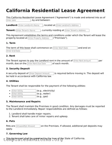 Free Residential Lease Agreement Form for the State of California