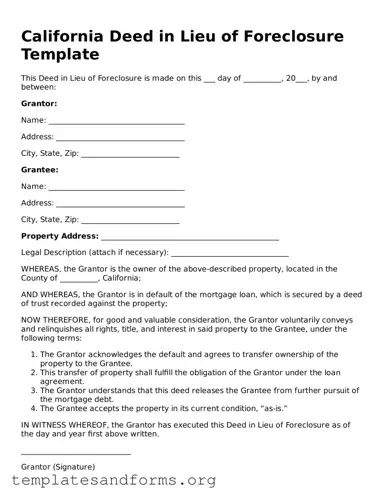 Free Deed in Lieu of Foreclosure Form for the State of California