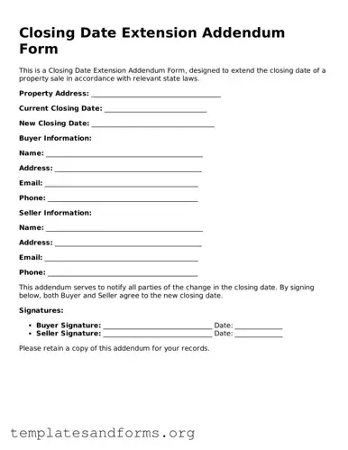 Blank Closing Date Extension Addendum Form Document