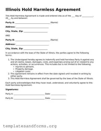 Free Hold Harmless Agreement Form for the State of Illinois