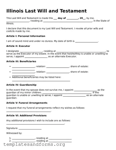 Free Last Will and Testament Form for the State of Illinois