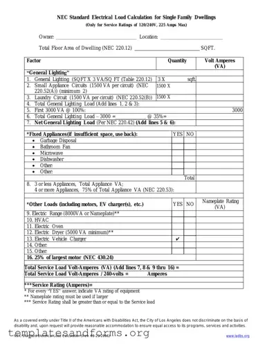 Fill in a Valid LADBS NEC Standard Electrical Load Calculation Form