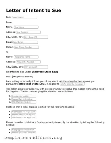 Blank Letter of Intent to Sue Document