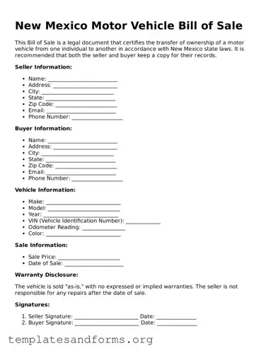 Free Motor Vehicle Bill of Sale Form for the State of New Mexico