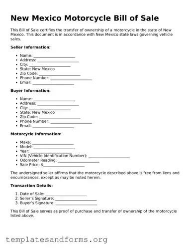 Free Motorcycle Bill of Sale Form for the State of New Mexico