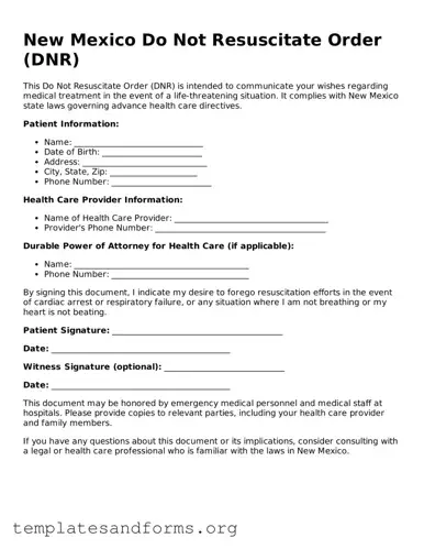 Free Do Not Resuscitate Order Form for the State of New Mexico