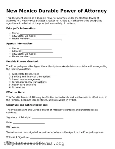 Free Durable Power of Attorney Form for the State of New Mexico