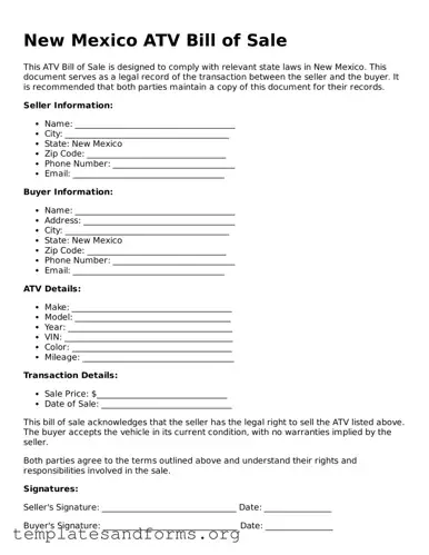 Free ATV Bill of Sale Form for the State of New Mexico