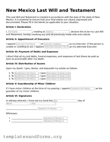 Free Last Will and Testament Form for the State of New Mexico