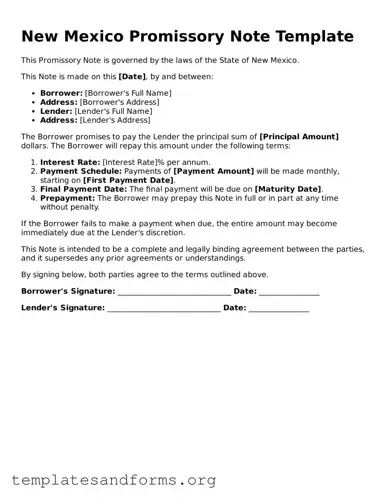 Free Promissory Note Form for the State of New Mexico