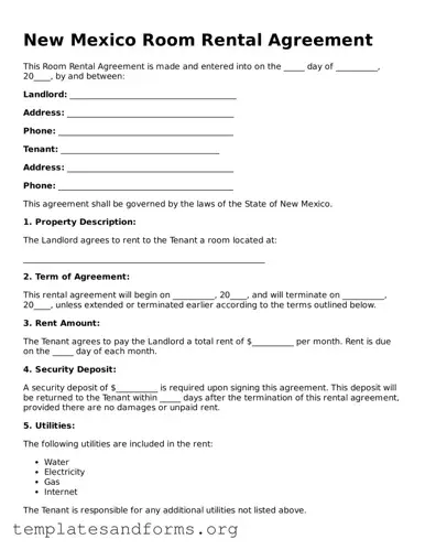 Free Room Rental Agreement Form for the State of New Mexico