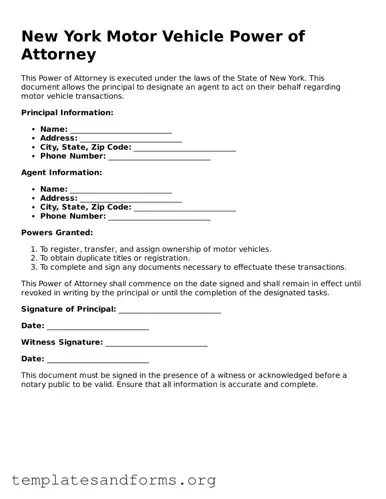 Free Motor Vehicle Power of Attorney Form for the State of New York