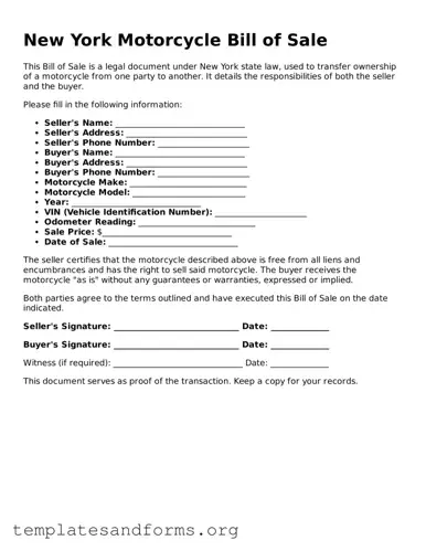 Free Motorcycle Bill of Sale Form for the State of New York
