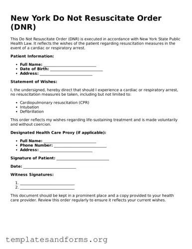 Free Do Not Resuscitate Order Form for the State of New York