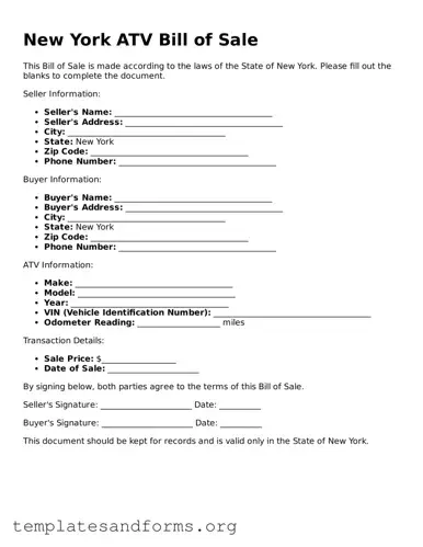 Free ATV Bill of Sale Form for the State of New York