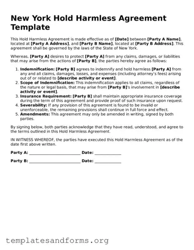 Free Hold Harmless Agreement Form for the State of New York
