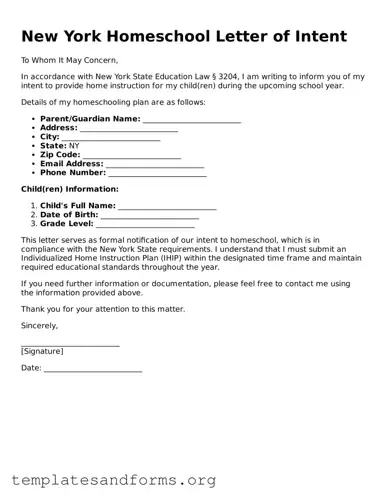 Free Homeschool Letter of Intent Form for the State of New York