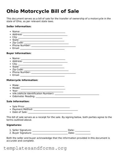 Free Motorcycle Bill of Sale Form for the State of Ohio