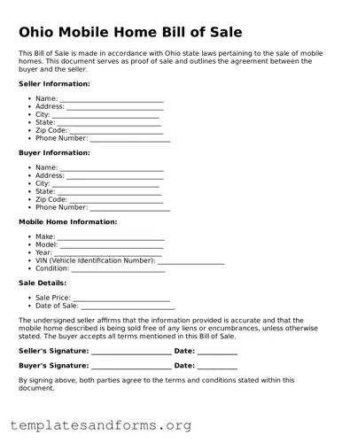 Free Mobile Home Bill of Sale Form for the State of Ohio