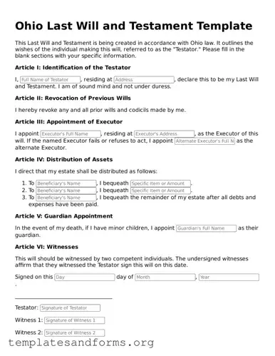 Free Last Will and Testament Form for the State of Ohio