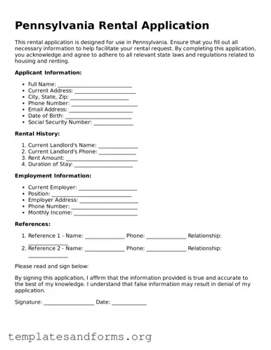 Free Rental Application Form for the State of Pennsylvania