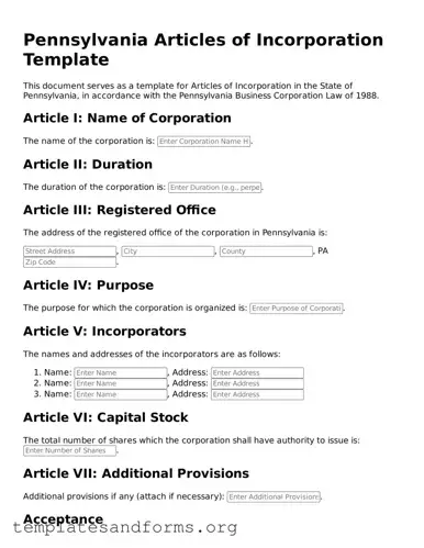 Free Articles of Incorporation Form for the State of Pennsylvania