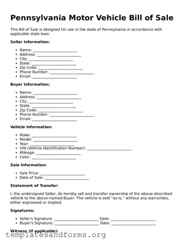 Free Motor Vehicle Bill of Sale Form for the State of Pennsylvania