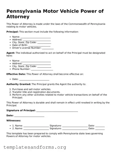 Free Motor Vehicle Power of Attorney Form for the State of Pennsylvania