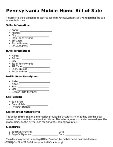 Free Mobile Home Bill of Sale Form for the State of Pennsylvania