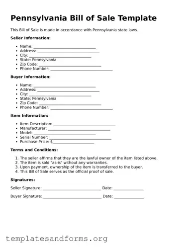 Free Bill of Sale Form for the State of Pennsylvania